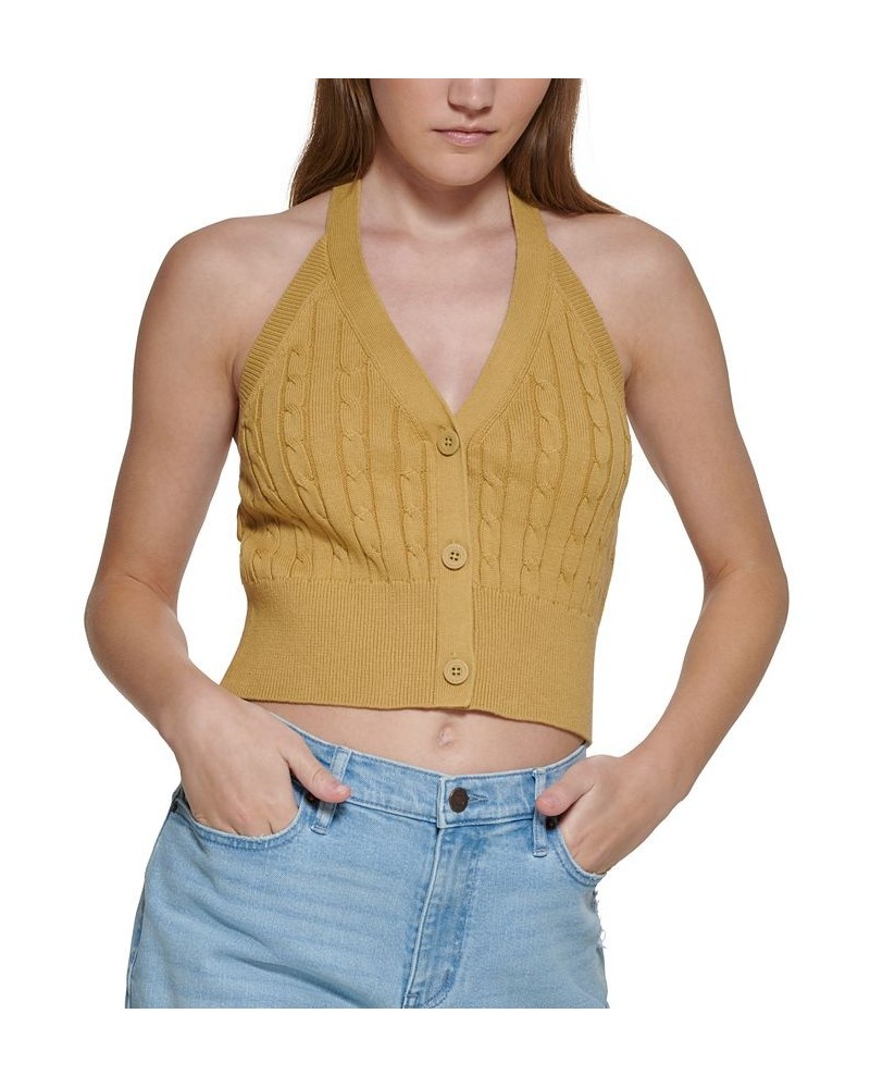 Cable-Knit Cotton Halter Top Wasabi $16.19 Tops