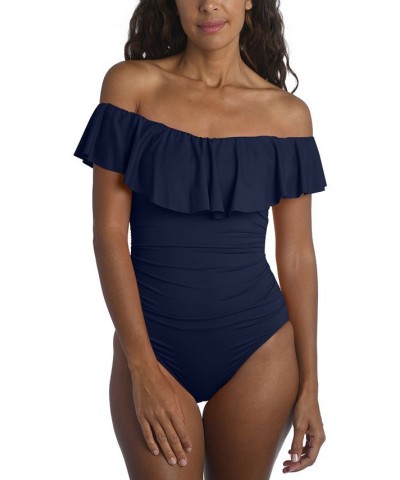 Island Goddess Off-The-Shoulder Ruffled Tummy-Control One-Piece Swimsuit Blue $70.00 Swimsuits