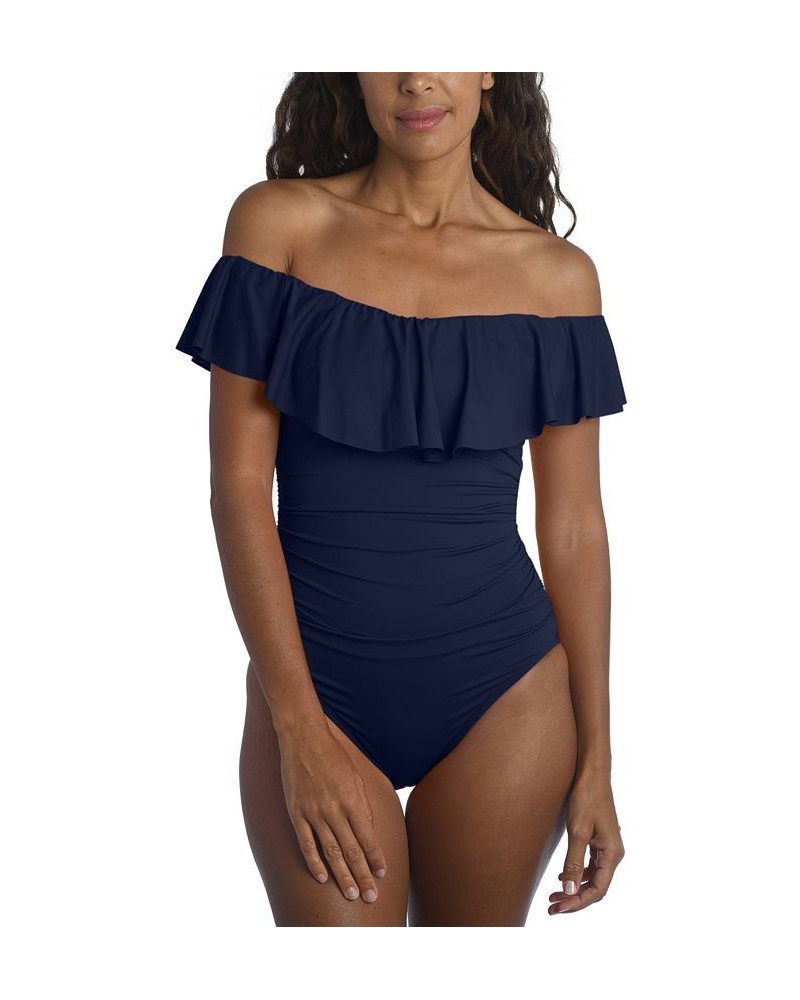 Island Goddess Off-The-Shoulder Ruffled Tummy-Control One-Piece Swimsuit Blue $70.00 Swimsuits