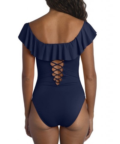 Island Goddess Off-The-Shoulder Ruffled Tummy-Control One-Piece Swimsuit Blue $70.00 Swimsuits