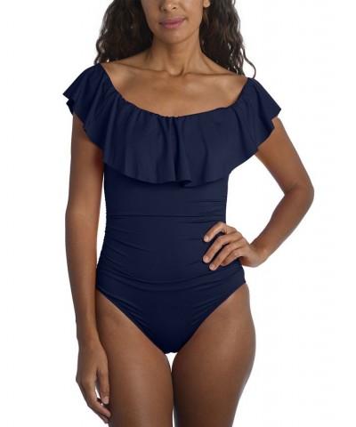 Island Goddess Off-The-Shoulder Ruffled Tummy-Control One-Piece Swimsuit Blue $70.00 Swimsuits