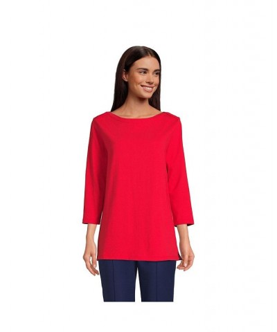 Women's Petite 3/4 Sleeve Heavyweight Jersey Boatneck Button Back Tunic Red $29.88 Tops