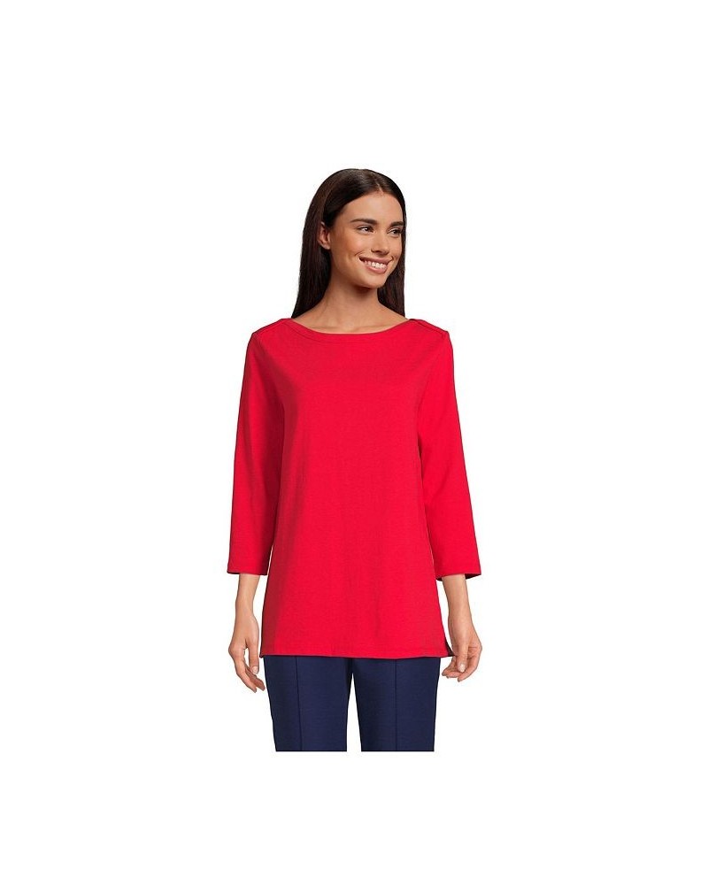 Women's Petite 3/4 Sleeve Heavyweight Jersey Boatneck Button Back Tunic Red $29.88 Tops