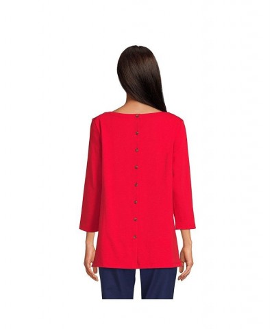 Women's Petite 3/4 Sleeve Heavyweight Jersey Boatneck Button Back Tunic Red $29.88 Tops