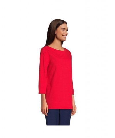 Women's Petite 3/4 Sleeve Heavyweight Jersey Boatneck Button Back Tunic Red $29.88 Tops