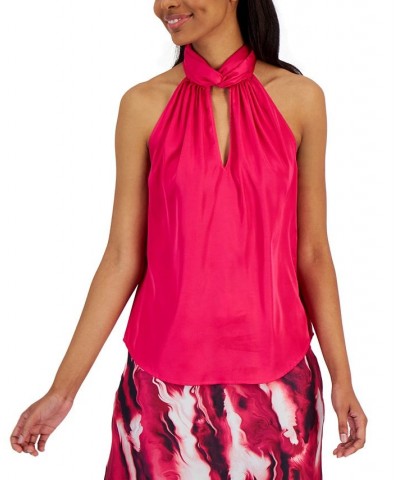 Matte Satin Twist-Neck Halter Top Pink $29.85 Tops