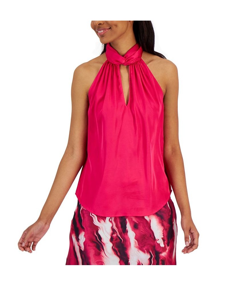 Matte Satin Twist-Neck Halter Top Pink $29.85 Tops