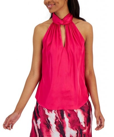 Matte Satin Twist-Neck Halter Top Pink $29.85 Tops