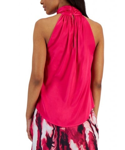 Matte Satin Twist-Neck Halter Top Pink $29.85 Tops