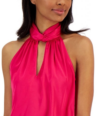 Matte Satin Twist-Neck Halter Top Pink $29.85 Tops