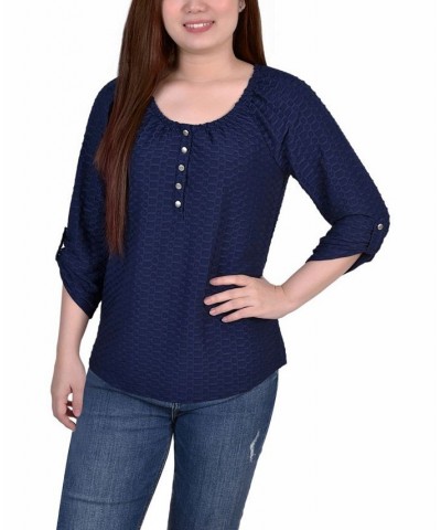 Women's 3/4 Sleeve Honeycomb Henley Top Blue $18.27 Tops