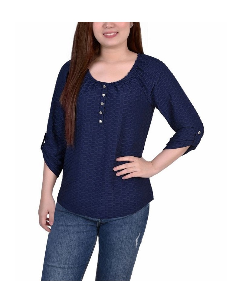 Women's 3/4 Sleeve Honeycomb Henley Top Blue $18.27 Tops