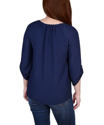 Women's 3/4 Sleeve Honeycomb Henley Top Blue $18.27 Tops