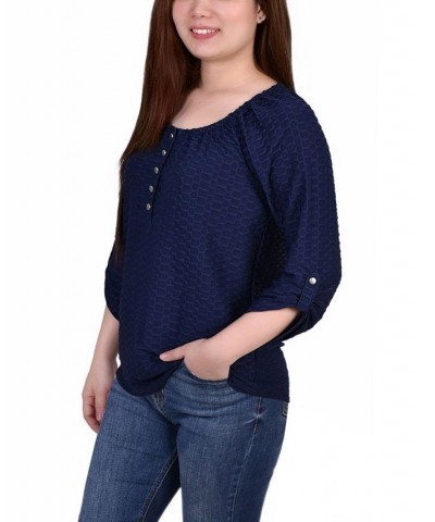 Women's 3/4 Sleeve Honeycomb Henley Top Blue $18.27 Tops