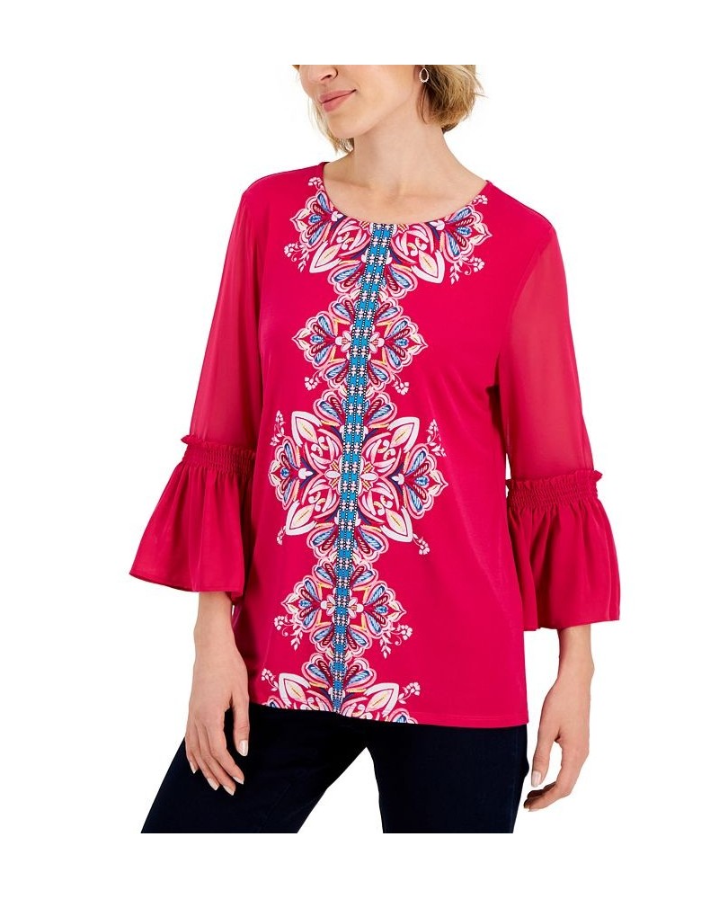 Women's Medallion Trail Sheer-Sleeve Tunic Wilflower Pink Combo $18.44 Tops