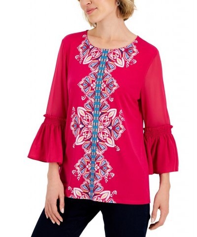 Women's Medallion Trail Sheer-Sleeve Tunic Wilflower Pink Combo $18.44 Tops