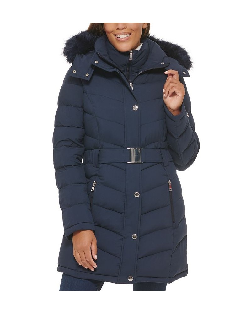 Women's Belted Faux-Fur-Trim Hooded Puffer Coat Blue $82.80 Coats