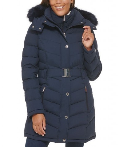 Women's Belted Faux-Fur-Trim Hooded Puffer Coat Blue $82.80 Coats