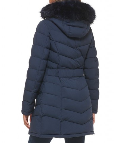 Women's Belted Faux-Fur-Trim Hooded Puffer Coat Blue $82.80 Coats