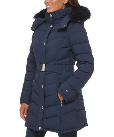 Women's Belted Faux-Fur-Trim Hooded Puffer Coat Blue $82.80 Coats