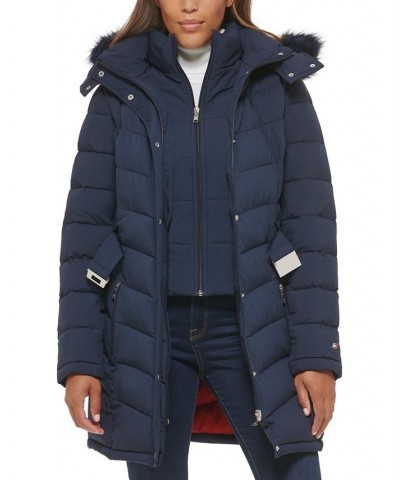 Women's Belted Faux-Fur-Trim Hooded Puffer Coat Blue $82.80 Coats