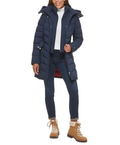 Women's Belted Faux-Fur-Trim Hooded Puffer Coat Blue $82.80 Coats