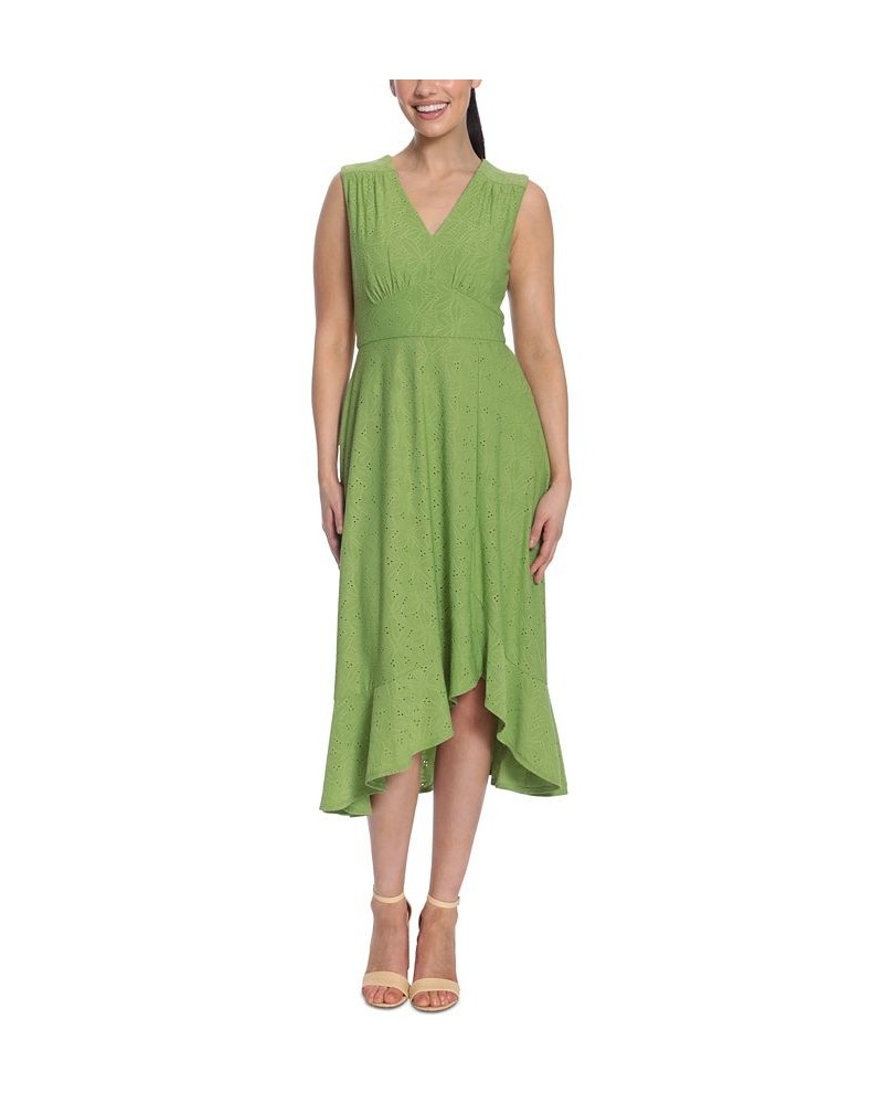 Women's Eyelet Sleeveless Empire Flare Midi Dress Green $46.80 Dresses