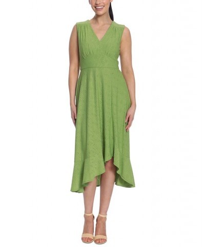 Women's Eyelet Sleeveless Empire Flare Midi Dress Green $46.80 Dresses