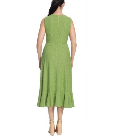 Women's Eyelet Sleeveless Empire Flare Midi Dress Green $46.80 Dresses