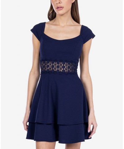 Juniors' Lace-Trim Cap-Sleeve A-Line Dress Navy $33.63 Dresses