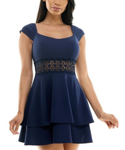 Juniors' Lace-Trim Cap-Sleeve A-Line Dress Navy $33.63 Dresses