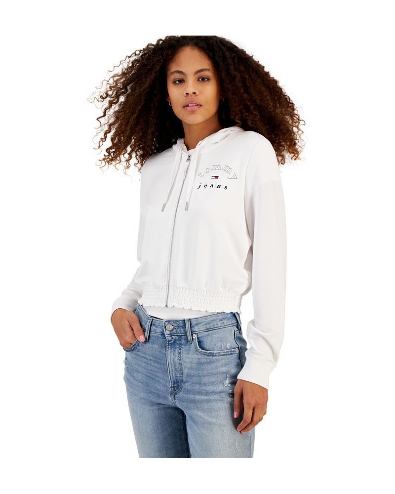 Women's Smocked-Waist Zip-Up Hoodie Sweatshirt White $20.30 Sweatshirts