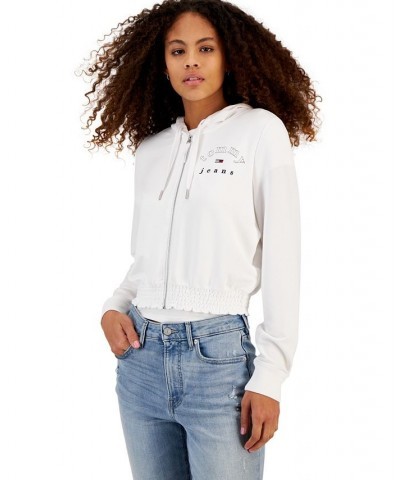 Women's Smocked-Waist Zip-Up Hoodie Sweatshirt White $20.30 Sweatshirts