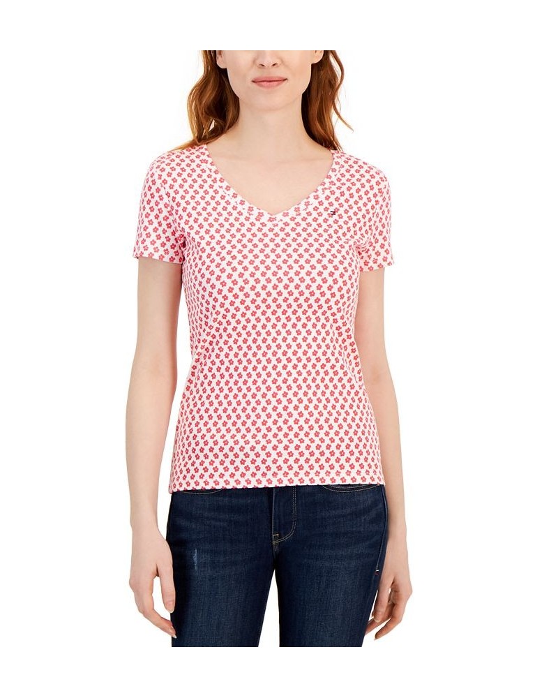 Women's Cotton Daisy-Print V-Neck T-Shirt Rosette Mlt $17.94 Tops