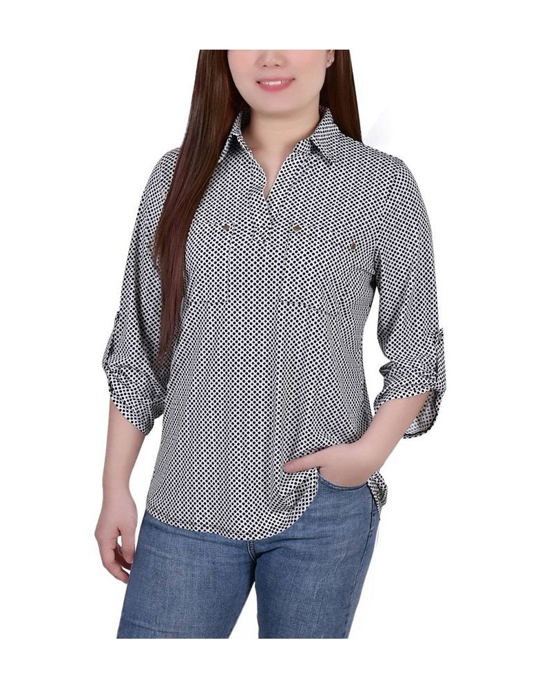 Petite 3/4 Ruched Sleeve Studded Y-neck Top Night Particle $10.24 Tops