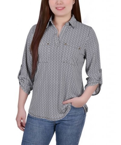 Petite 3/4 Ruched Sleeve Studded Y-neck Top Night Particle $10.24 Tops