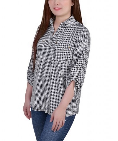 Petite 3/4 Ruched Sleeve Studded Y-neck Top Night Particle $10.24 Tops