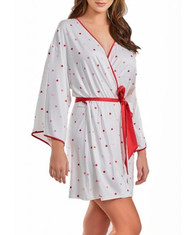 Women's Kyley Heart Print Robe with Contrast Self Tie Sash and Red Trim White-Red $40.02 Sleepwear