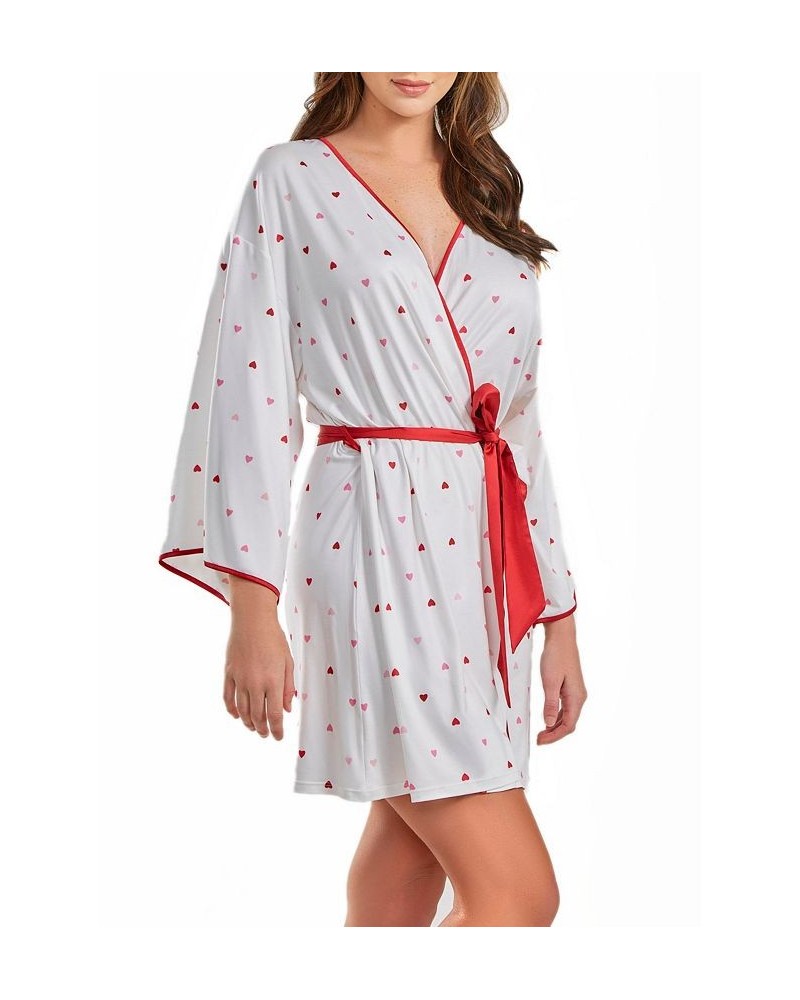 Women's Kyley Heart Print Robe with Contrast Self Tie Sash and Red Trim White-Red $40.02 Sleepwear