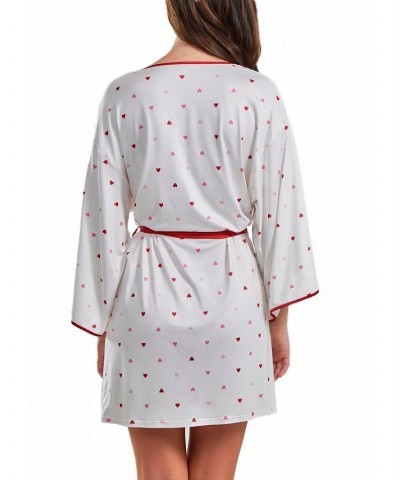 Women's Kyley Heart Print Robe with Contrast Self Tie Sash and Red Trim White-Red $40.02 Sleepwear