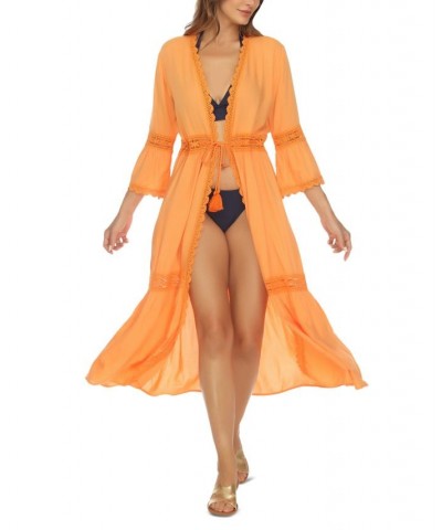 Women's Open-Front Lace-Inset 3/4-Sleeve Cover-Up Orange $27.20 Swimsuits