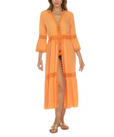 Women's Open-Front Lace-Inset 3/4-Sleeve Cover-Up Orange $27.20 Swimsuits