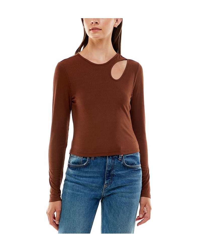 Juniors' Cutout Long Sleeve Top Brown $11.79 Tops