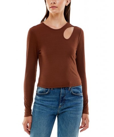 Juniors' Cutout Long Sleeve Top Brown $11.79 Tops