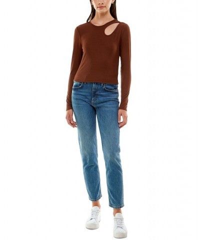 Juniors' Cutout Long Sleeve Top Brown $11.79 Tops