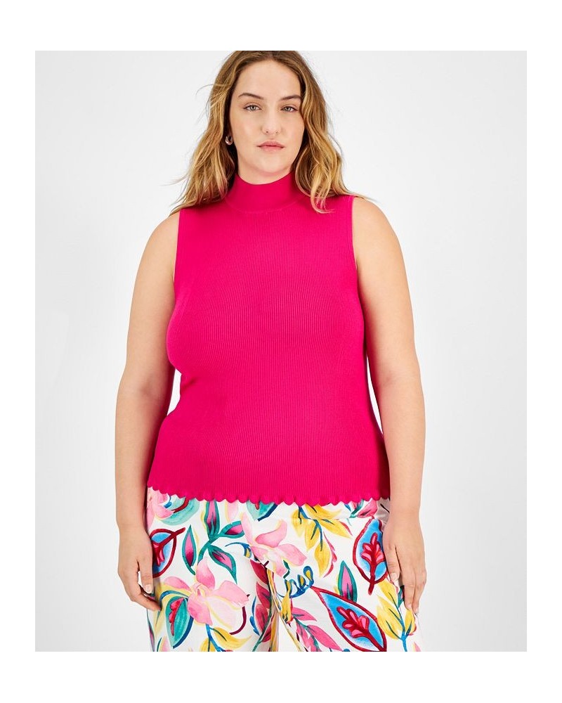 Plus Size Ribbed Sleeveless Mock-Neck Scalloped-Hem Top Pink $22.70 Tops