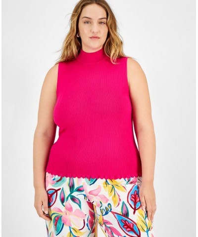 Plus Size Ribbed Sleeveless Mock-Neck Scalloped-Hem Top Pink $22.70 Tops