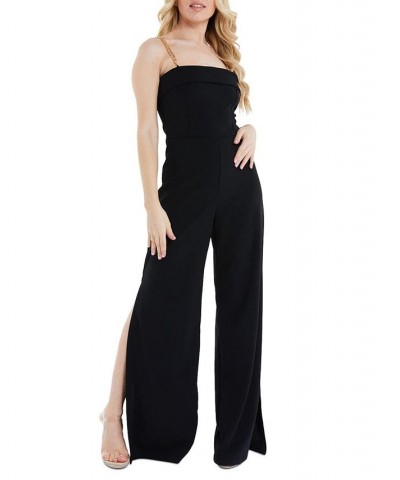 Chain Strap Wide Leg Split Hem Jumpsuit Black $14.82 Pants