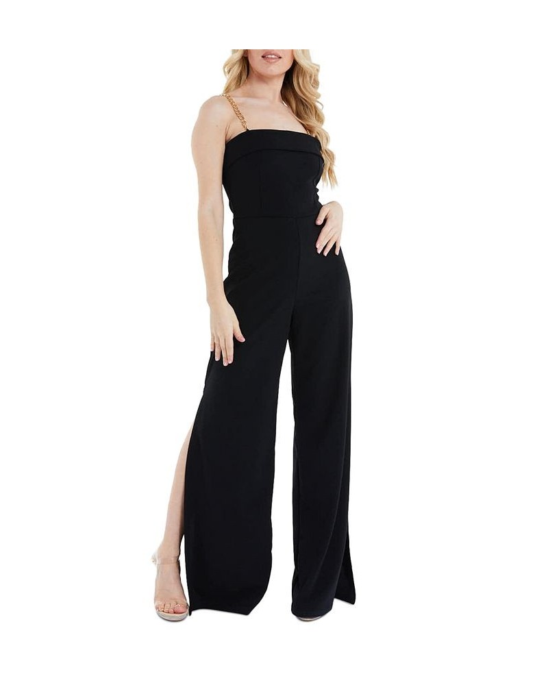 Chain Strap Wide Leg Split Hem Jumpsuit Black $14.82 Pants