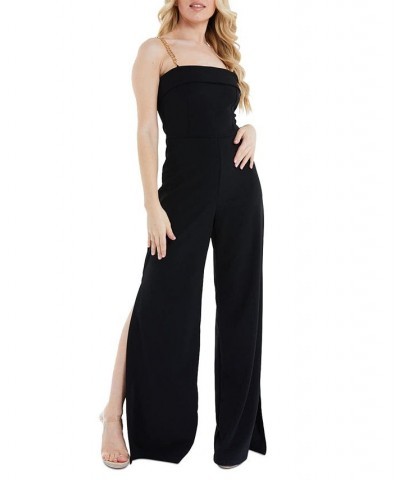 Chain Strap Wide Leg Split Hem Jumpsuit Black $14.82 Pants